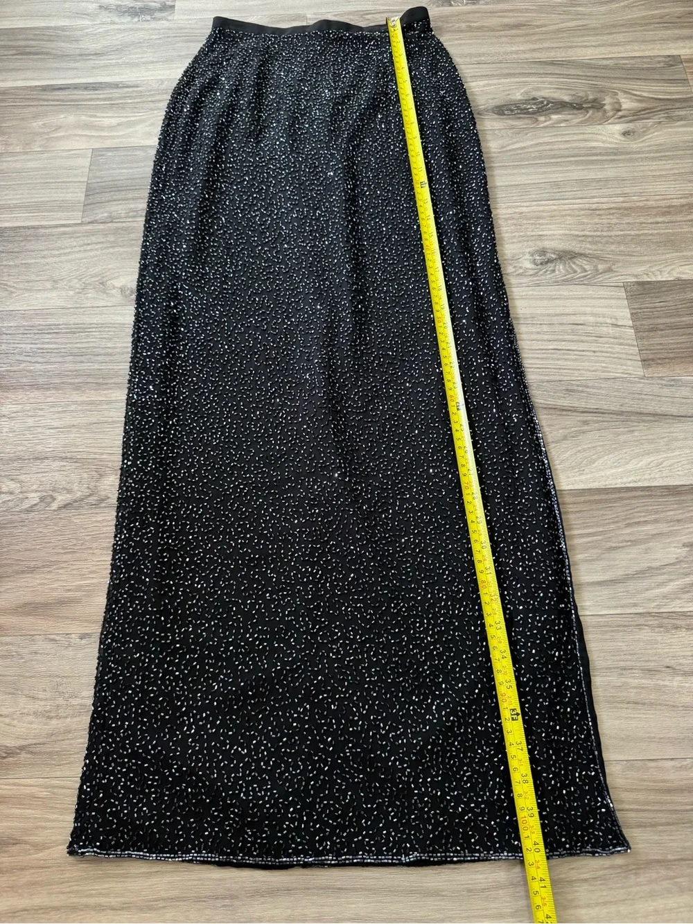 Vintage Caché Silk Beaded Maxi Skirt Side Slit Black Evening Sz 2 Whimsigoth